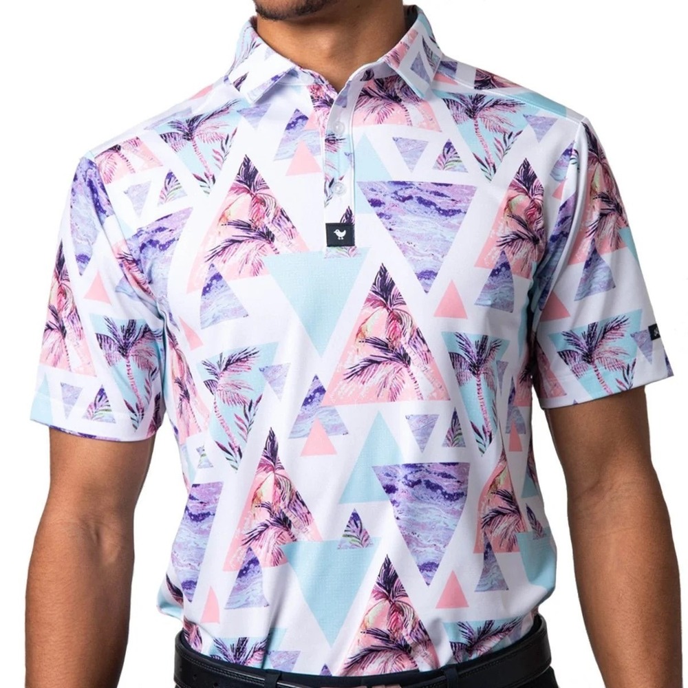 Bad Birdies Men's Cali Polo Shirt Geometric Palm Tree Golf Performance Size L